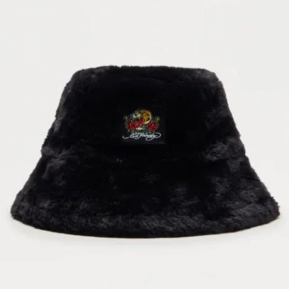 NWT Ed Hardy Faux Fur Bucket Hat – Black Logo Patch – Soft Plush Winter Furry - Picture 1 of 8